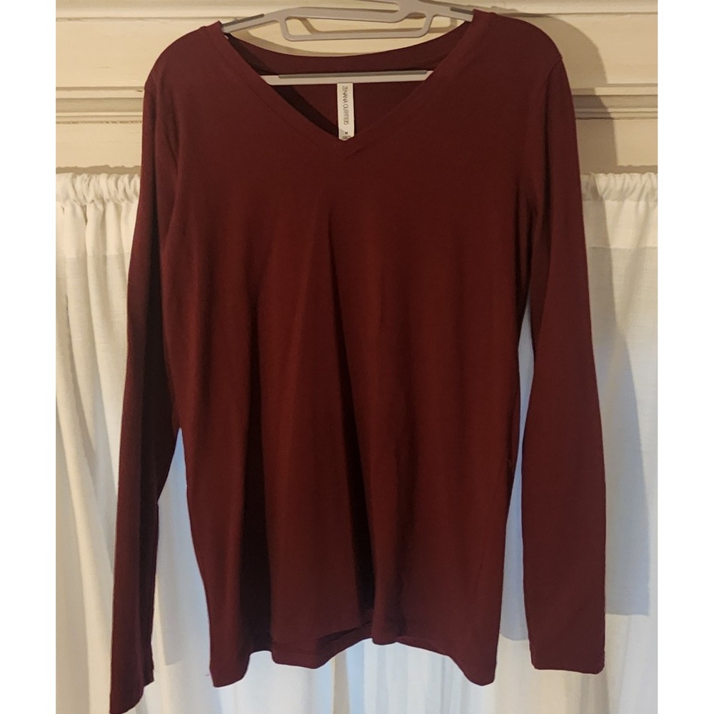 Zenana Outfitters Burgundy Solid Knit V-Neck Pullover Long Sleeve Top Women's M